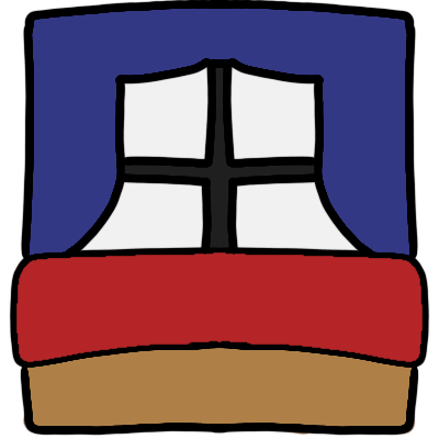a brown couch with red padding below a square window with blue curtains